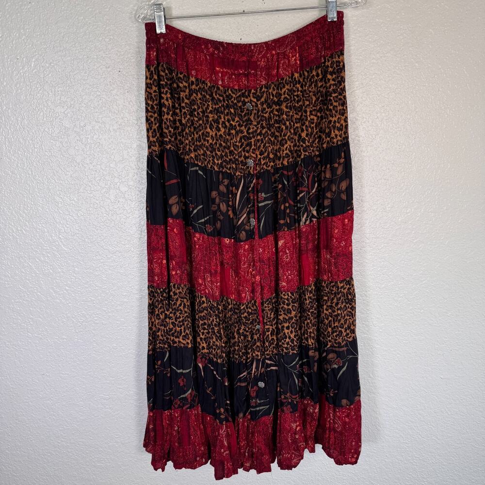 Vintage Cactus Flower Skirt Women Floral Leopard Tiered Maxi Boho One Size Rayon